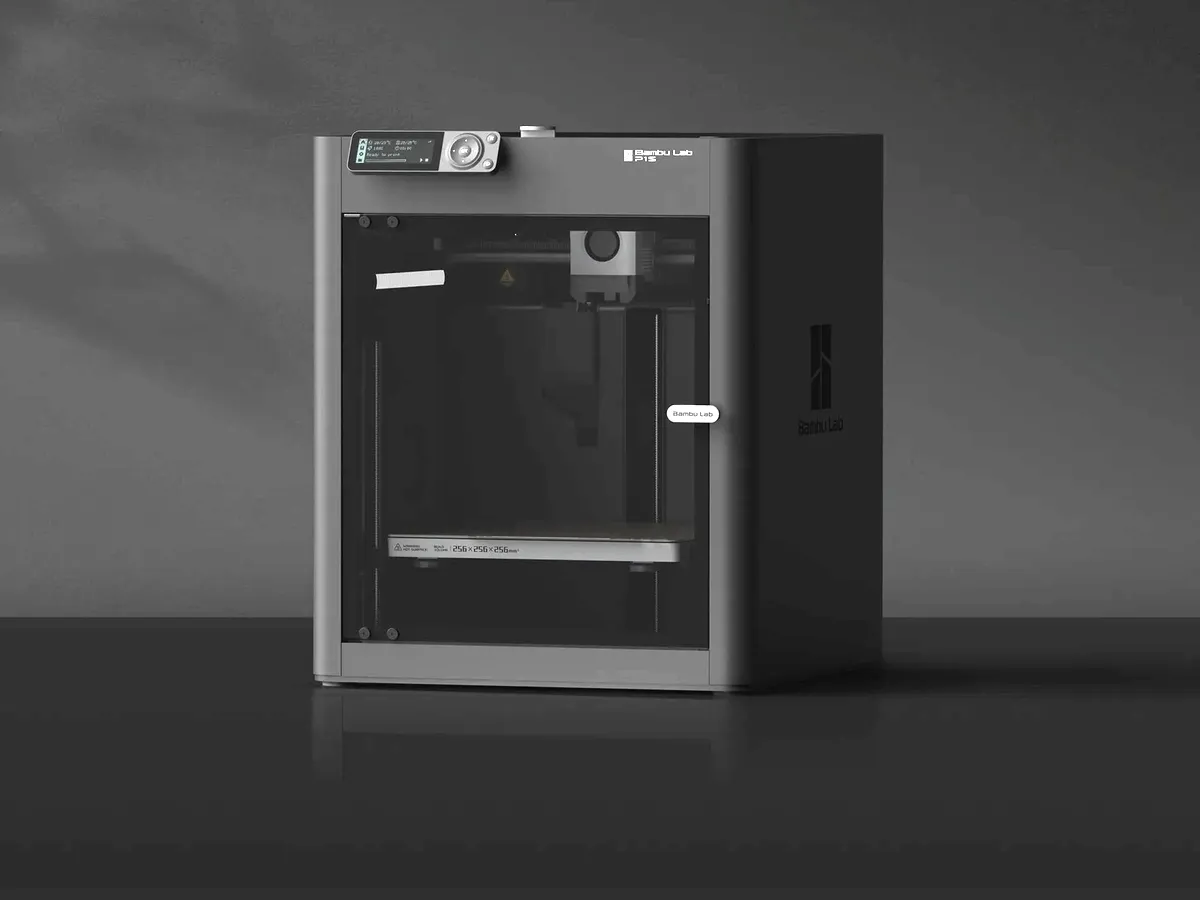 Bambu Lab P1S enclosed CoreXY 3D printer with its small status screen and control dial
